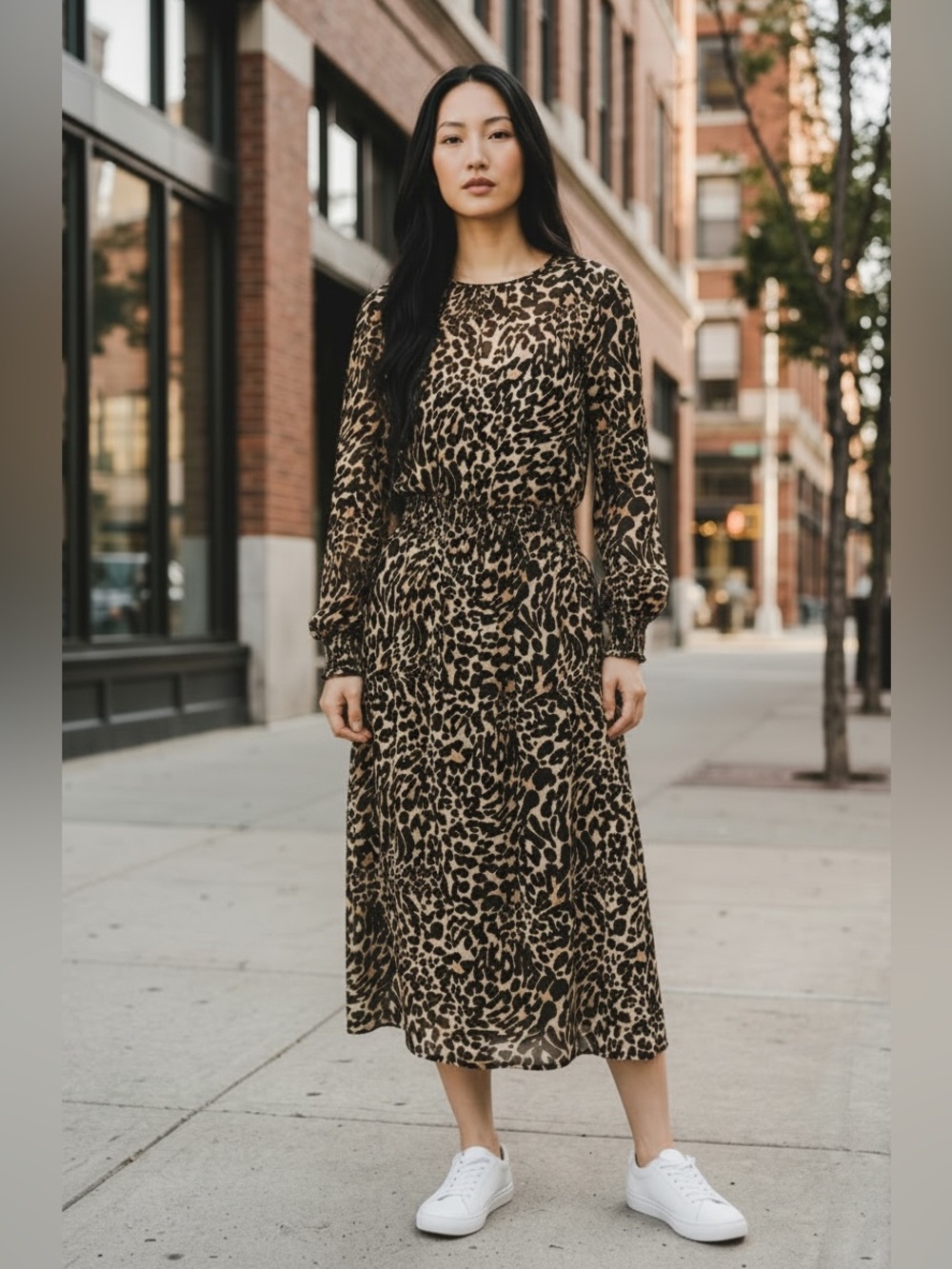Zara Leopard Print Midi Dress in Brown and Black Size M